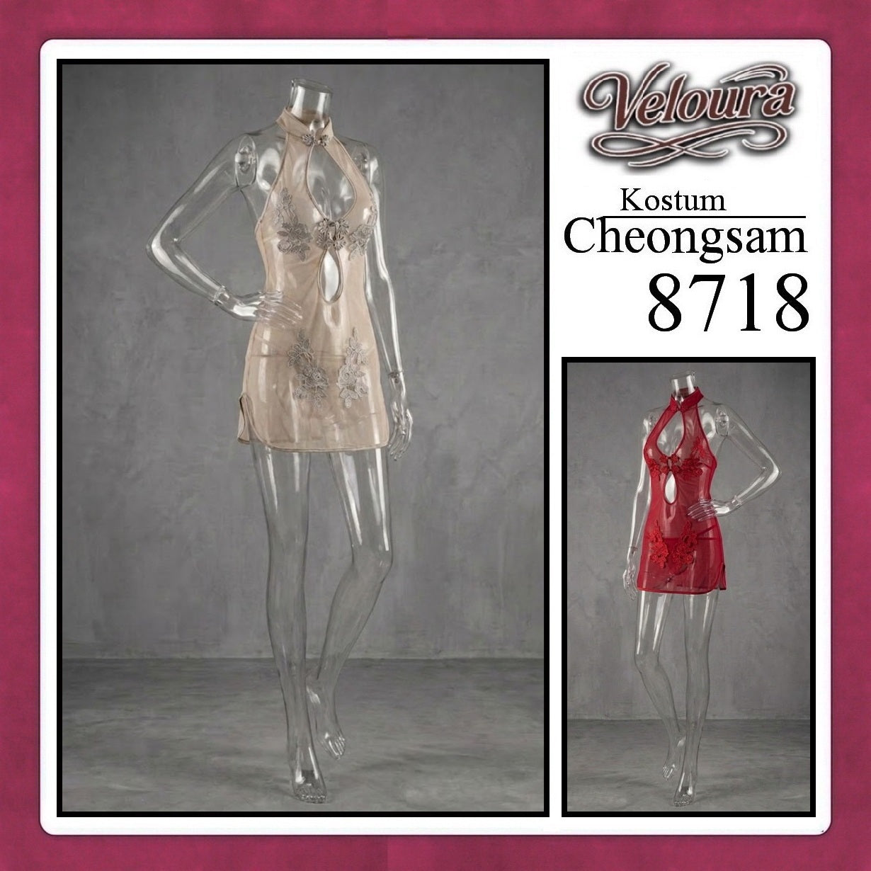 Pekalongan Veloura Pakaian Cheongsam Mini Kostum Lingerie Set Dress Sexy Model Baju China Red And White 8718
