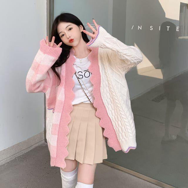 Cardigan Oversize Biru Putih Knit Two Tone Korea Outer Rajut Gingham Import Berkualitas Korean Style