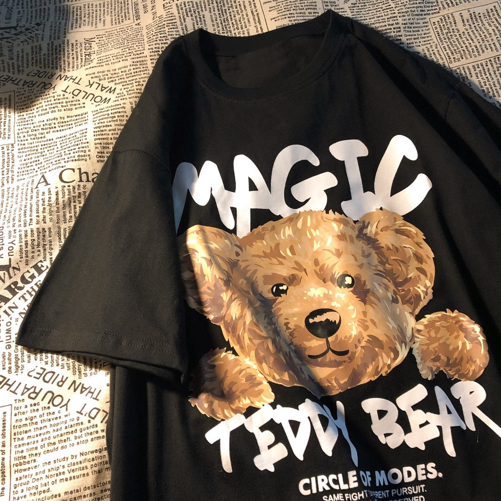 Kaos Oversize Magic Teddy Bear Kaos Couple T-shirt Hitam Putih Circle Of Modes Kaos Berkualitas Korean Style