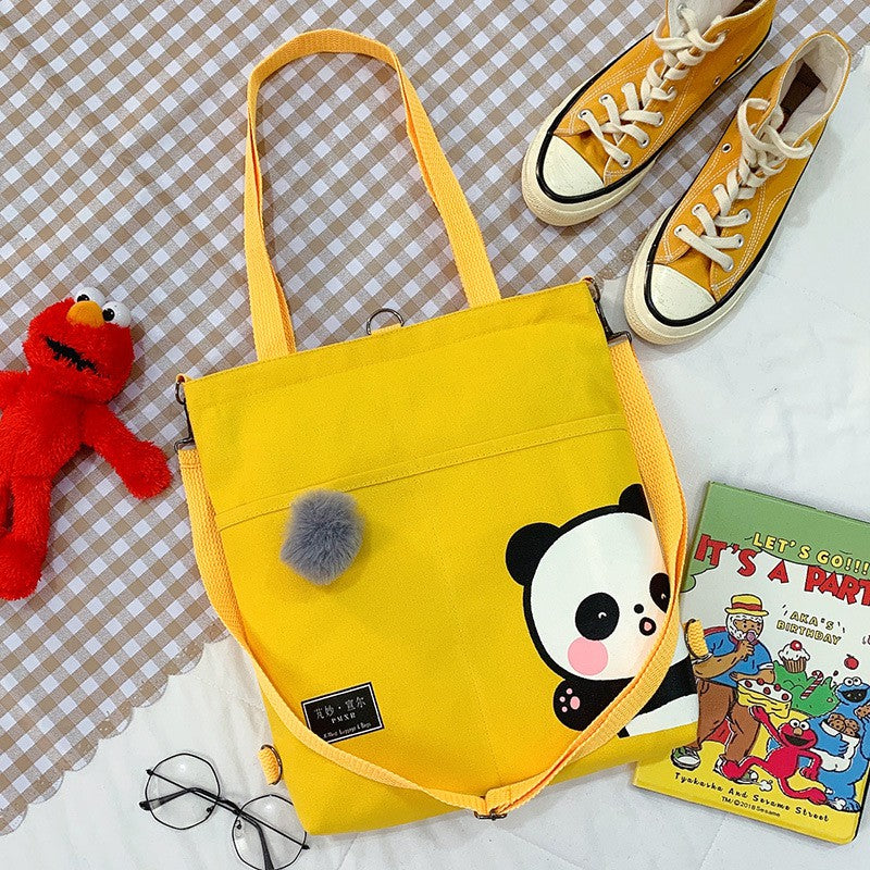 Tote Bag Panda Imut Lucu Unisex Tas Totebag Resleting Multifungsi Berkualitas Tas Tote Kuliah Sekolah Motif Panda Pom-Pom Lucu Korean Style