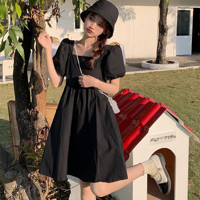 Dress Square Neck Lengan Balon Simple Polos Orange Hitam Dress Bahan Berkualitas Lembut Elegan Dress Pendek Korean Style Simply Aesthetic