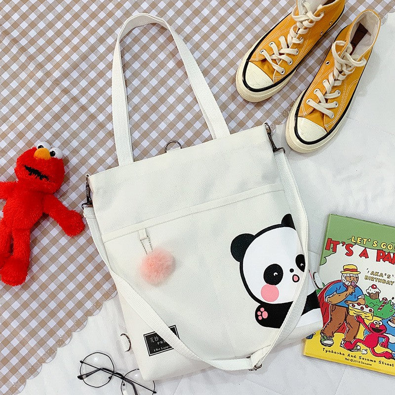 Tote Bag Panda Imut Lucu Unisex Tas Totebag Resleting Multifungsi Berkualitas Tas Tote Kuliah Sekolah Motif Panda Pom-Pom Lucu Korean Style