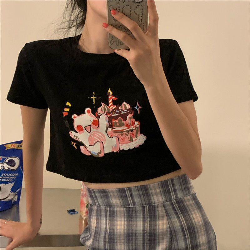 Kaos Crop Happy Birthday Beruang Ulang Tahun Kue Lilin Unik Lucu Croptop Bday Lembut Berkualitas Beruang Pesta Kue Baju Crop Aesthetic Birthday Top Korean Style