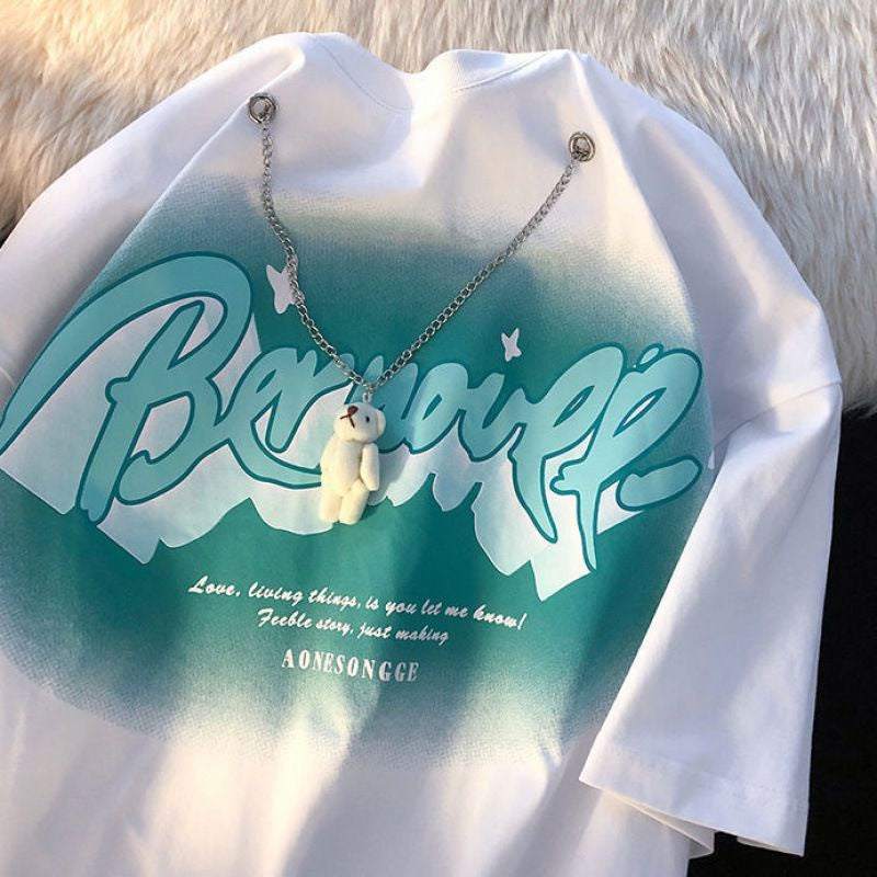 Kaos Oversize Bernovee With White Bear Chain Tshirt Love Living Things T-shirt Swag Green Black White Pink Kaos Couple Unik Berkualitas Unisex Aesthetic Ombre Korean Style Street Style