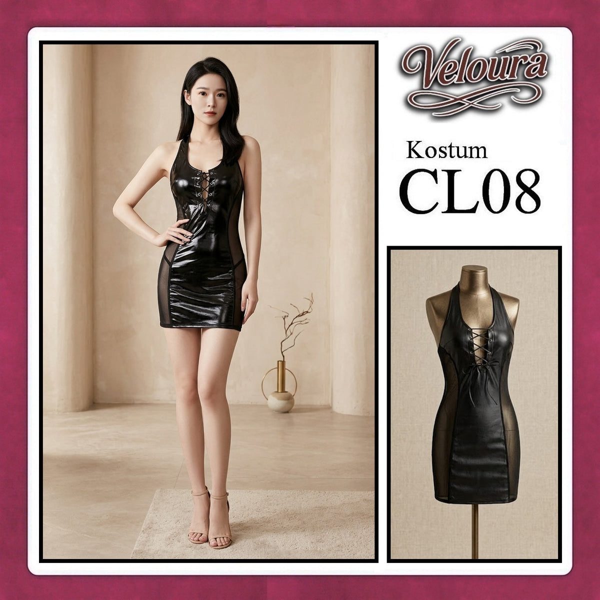Pekalongan Veloura Sexy Lingerie Pakaian Wanita Bodycon Dress Malam Kostum Black Widow Hitam - CL08
