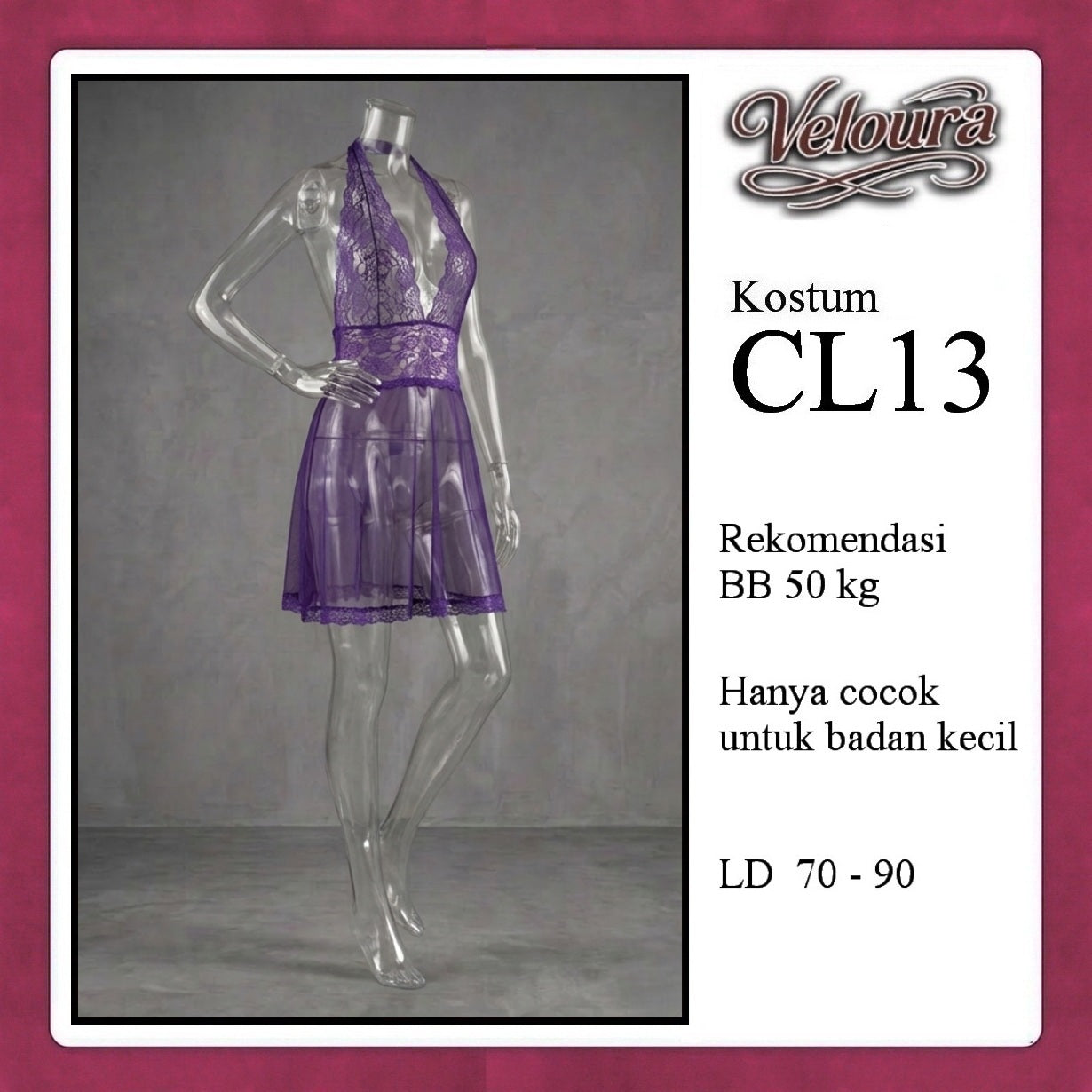 Pekalongan Veloura Pakaian Set Wanita Dress Malam Lingerie Tipis Mini Transparant - CL13 - Purple