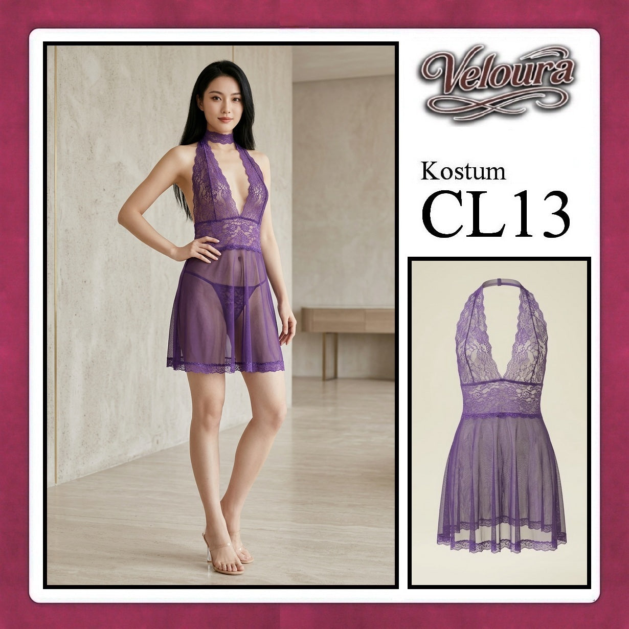 Pekalongan Veloura Pakaian Set Wanita Dress Malam Lingerie Tipis Mini Transparant - CL13 - Purple