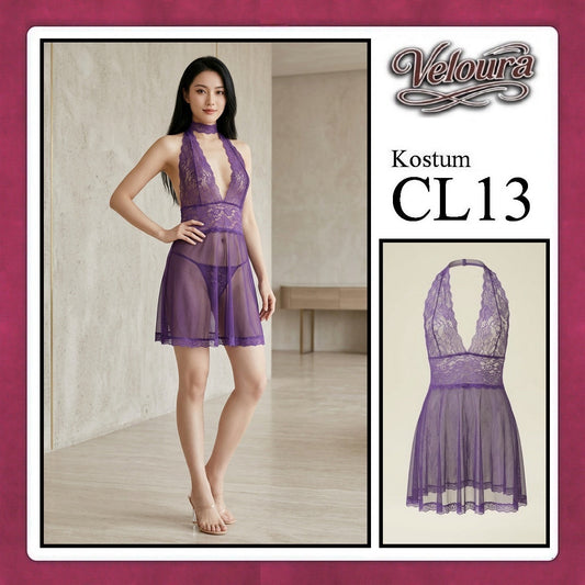 Pekalongan Veloura Pakaian Set Wanita Dress Malam Lingerie Tipis Mini Transparant - CL13 - Purple