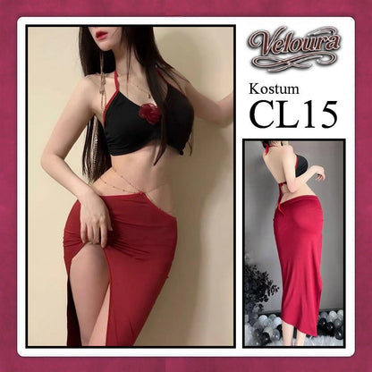 Pekalongan Veloura Pakaian Dress Wanita Casual Seksi Elegant - CL15 - Black Red