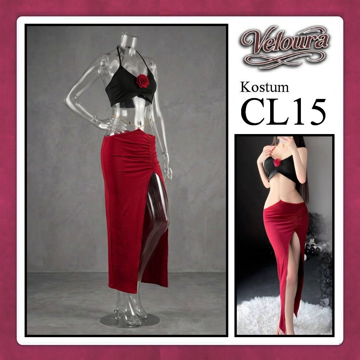 Pekalongan Veloura Pakaian Dress Wanita Casual Seksi Elegant - CL15 - Black Red