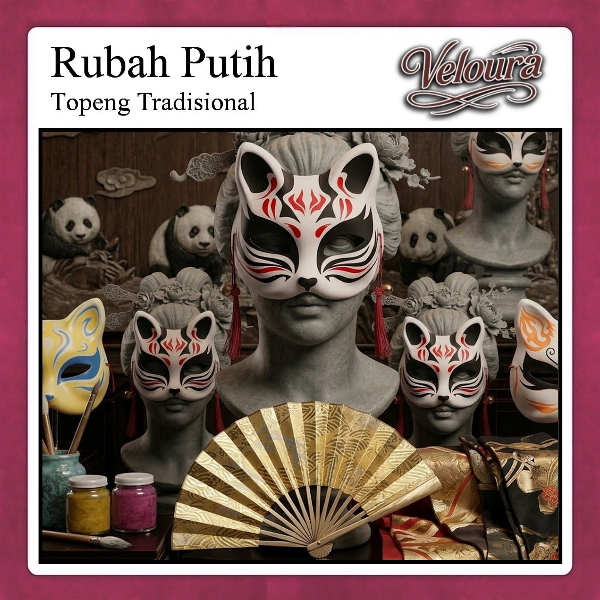 Pekalongan Veloura Cosplay Rubah Putih – Topeng Tradisional Kitsune Japanese Fox Mask