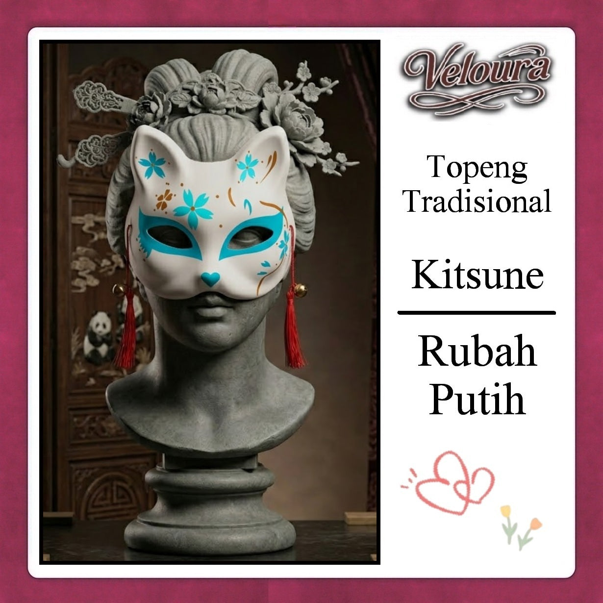 Pekalongan Veloura Cosplay Rubah Putih – Topeng Tradisional Kitsune Japanese Fox Mask