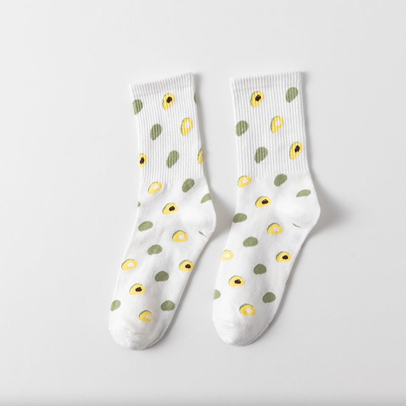 Kaos Kaki Panjang Motif Avocado Women Socks Import Kaos Kaki Berkualitas Hijau Putih Buah Korean Style
