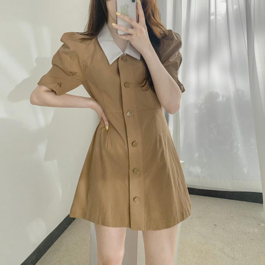 Dress Full Kancing Simple Elegan Dress Kerah Putih Dress Polos Berkualitas Korean Style Short Dress Model Simply Dress Lengan Pendek Nyaman Dress Berkerah Lembut Berkualitas