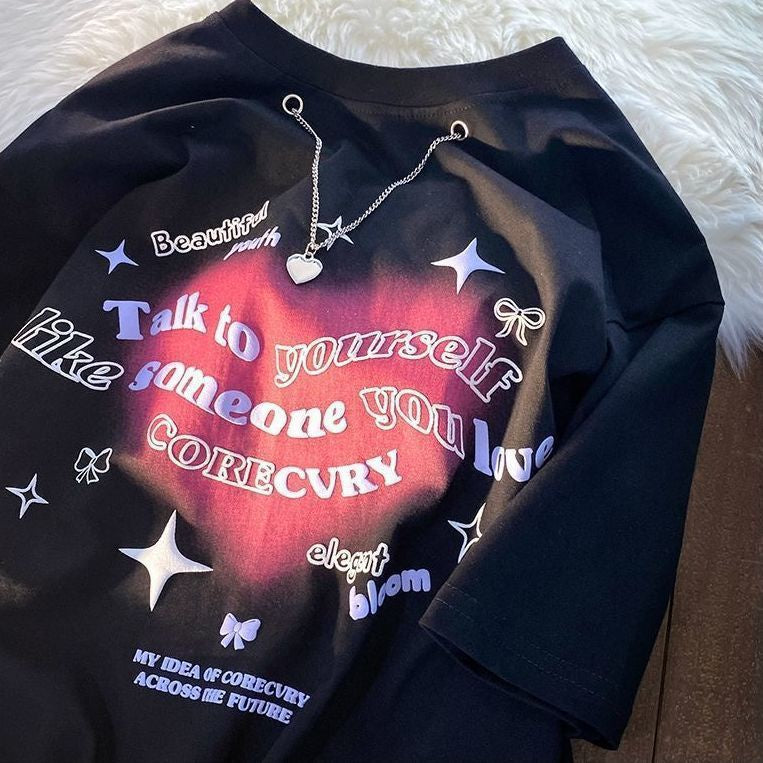 Kaos Oversize Love Chain Talk To Yourself Like Someone You Love T-shirt Couple Unik With Additional Chain Kaos Timbul Berkualitas Aesthetic Tshirt Elegant Bloom Love Beautiful Street Style Korean Style