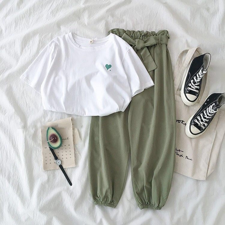 Setelan Wanita Daily Set One Set Oversize Hijau Hati Love Selebgram Korean Style Baju 1 Set Kaos Celana Karet Lembut Berkualitas