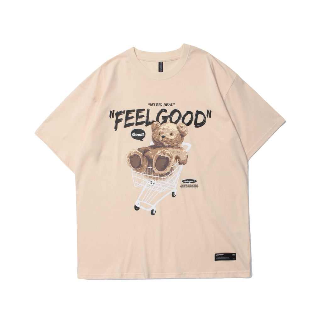Kaos Oversize Teddy Bear Trolley Kaos Couple T-Shirt Hitam Cream Kaos Feel Good Korean Style