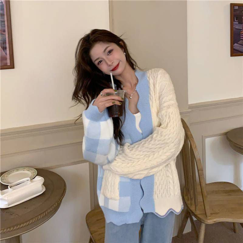 Cardigan Oversize Biru Putih Knit Two Tone Korea Outer Rajut Gingham Import Berkualitas Korean Style