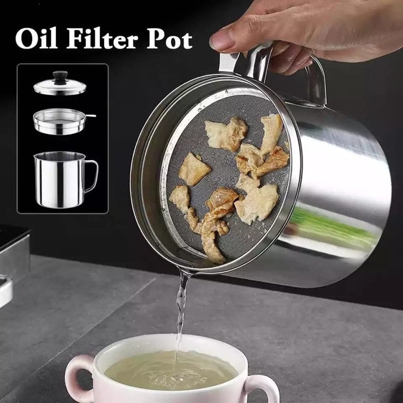 Oil Pot Wadah saringan minyak Mug & Saringan Minyak/Oil Pot Stainlees 12cm