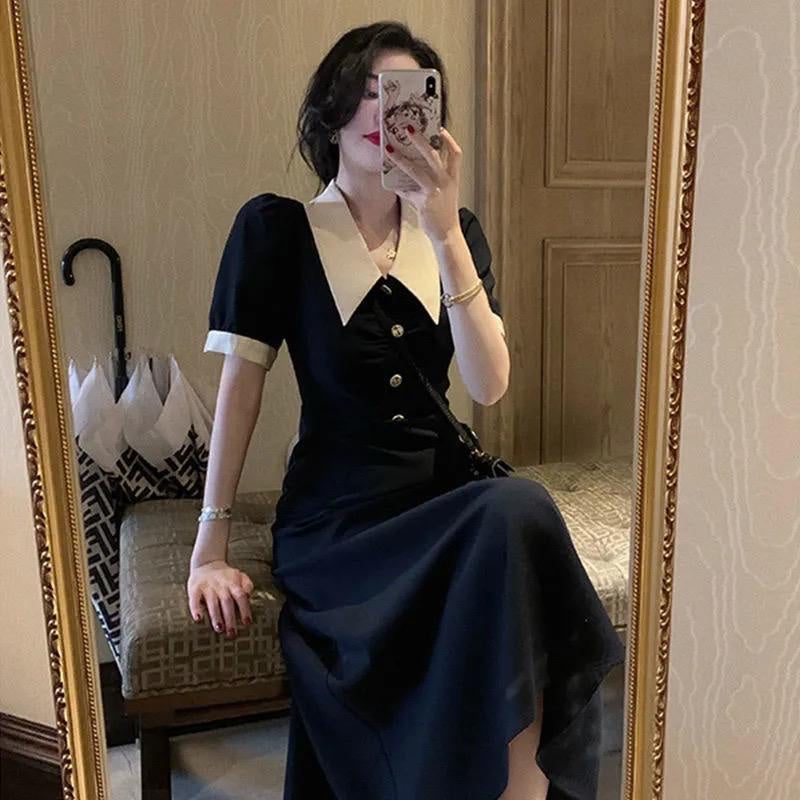 Dress Panjang Lengan Pendek Berkerah Kancing Kayu X Biru Dongker Hitam Two Tone Long Dress Kerja Acara Simple Elegan Berkualitas Simply Korean Style
