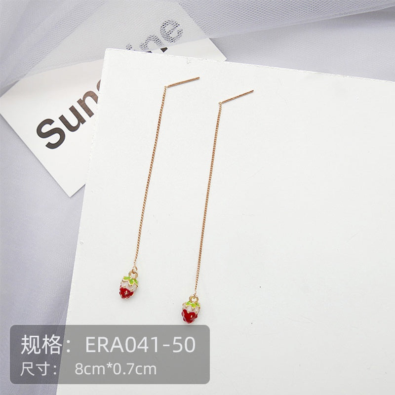 Anting Wanita Merah Cherry Love Anting Panjang Simple Elegan Buah Long Strawberry Woman Earrings Anting Berkualitas Anting Drop Korean Style