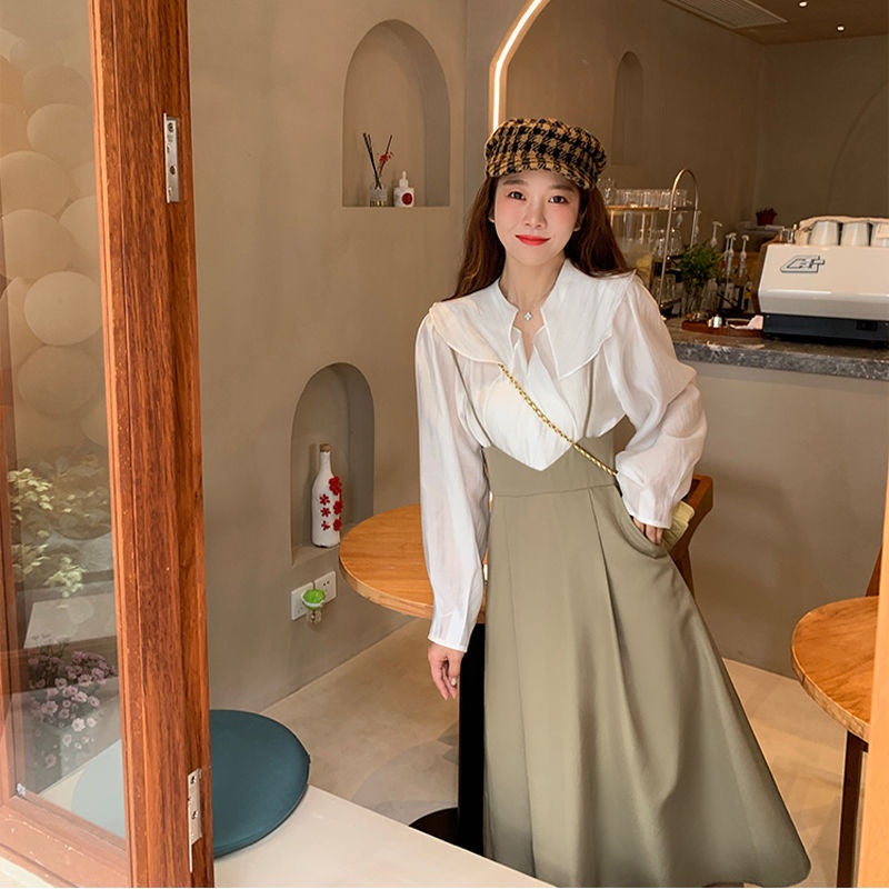 Dress Wanita Hijau Putih Set 2 Pcs Dress Simple Elegan Dress Kerja Lengan Panjang Classic Simple Two Tone Dress Berkualitas High Quality Korean Style