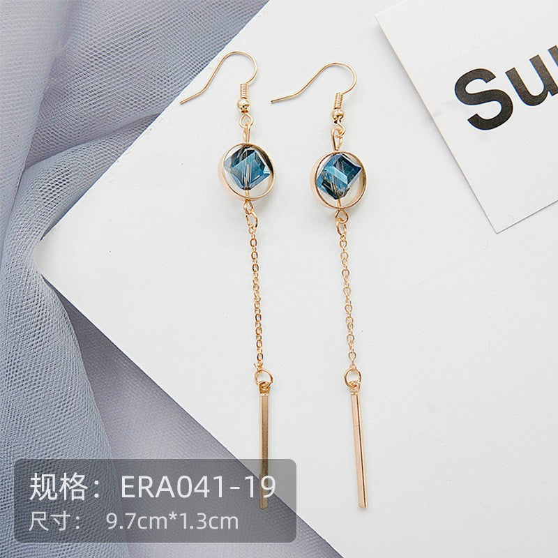 Anting Wanita Korea Biru Emas Permata Anting Panjang Elegan Simple Beda Kiri Kanan Anting Berkualitas Korean Style
