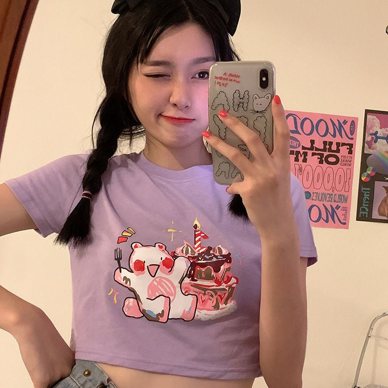 Kaos Crop Happy Birthday Beruang Ulang Tahun Kue Lilin Unik Lucu Croptop Bday Lembut Berkualitas Beruang Pesta Kue Baju Crop Aesthetic Birthday Top Korean Style