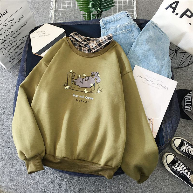Sweater Lengan Panjang Berkerah Fake Collar Shirt Motif Bear and Chicken Kaos Lengan Panjang Beruang Ayam Lucu Berkualitas Kaos Polo Lengan Panjang Sweater Berkerah Atasan Kuliah Kerja Korean Style