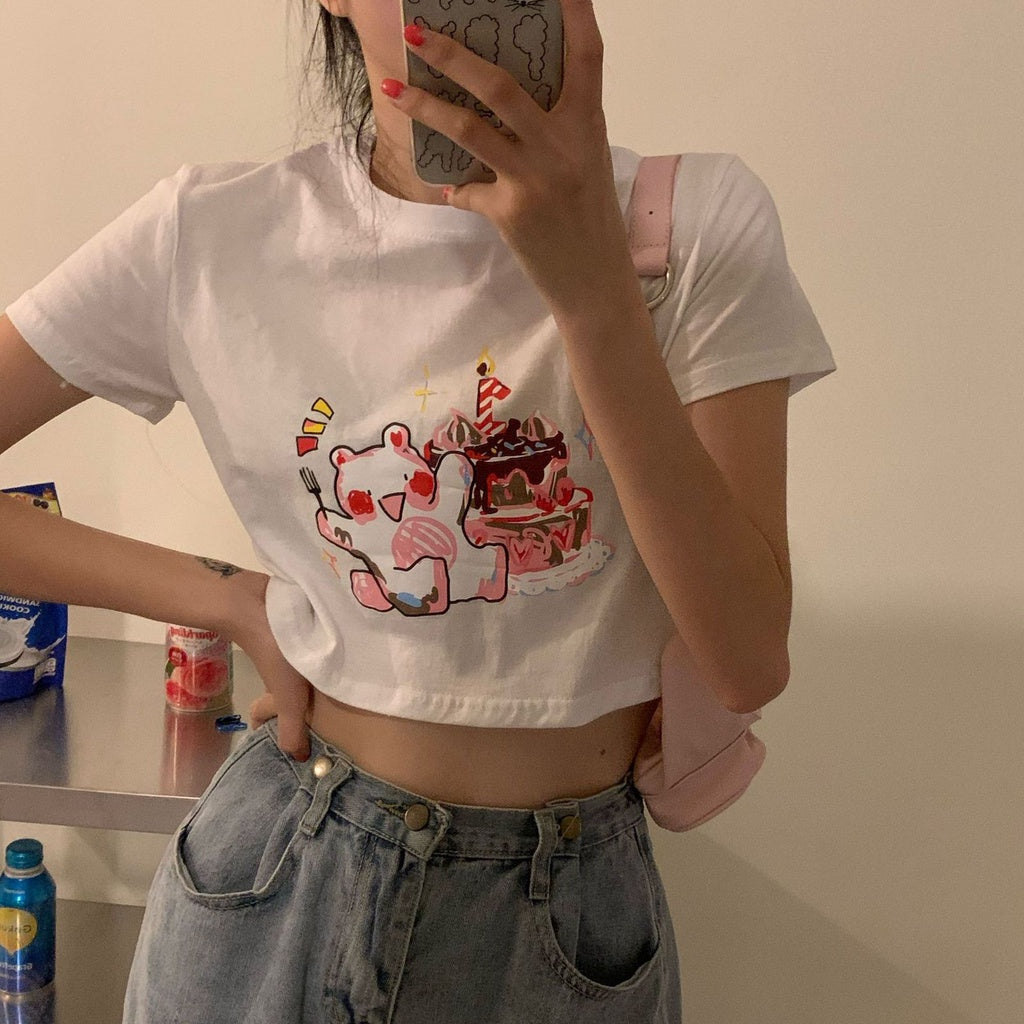 Kaos Crop Happy Birthday Beruang Ulang Tahun Kue Lilin Unik Lucu Croptop Bday Lembut Berkualitas Beruang Pesta Kue Baju Crop Aesthetic Birthday Top Korean Style