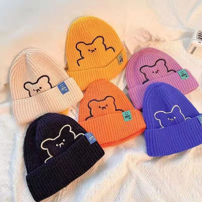[littlecrab] Topi Knit Kupluk Beanie Hat Rajut Bahan Tebal Colorful Smooth Bahan Halus Lembut High Quality Bordir Motif Bear Lucu Unik Korean Style