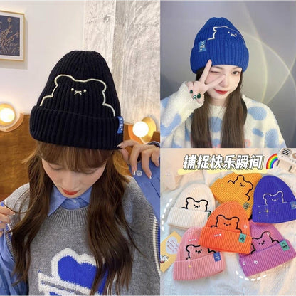 [littlecrab] Topi Knit Kupluk Beanie Hat Rajut Bahan Tebal Colorful Smooth Bahan Halus Lembut High Quality Bordir Motif Bear Lucu Unik Korean Style