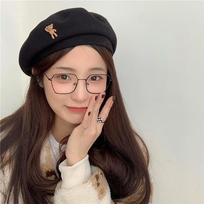 [littlecrab] Topi Baret Korea Seniman Painter Motif Teddy Bear Simple Cute Aesthetic Cap Topi High Quality Bahan Lembut Retro Korean Style