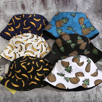 [littlecrab] Topi Bucket Motif Hawai Pisang Nenas 2 Sisi Two Side Fruit Fisherman Hat Unisex High Quality Korean Retro Style