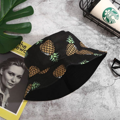 [littlecrab] Topi Bucket Motif Hawai Pisang Nenas 2 Sisi Two Side Fruit Fisherman Hat Unisex High Quality Korean Retro Style