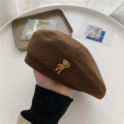 [littlecrab] Topi Baret Korea Seniman Painter Motif Teddy Bear Simple Cute Aesthetic Cap Topi High Quality Bahan Lembut Retro Korean Style