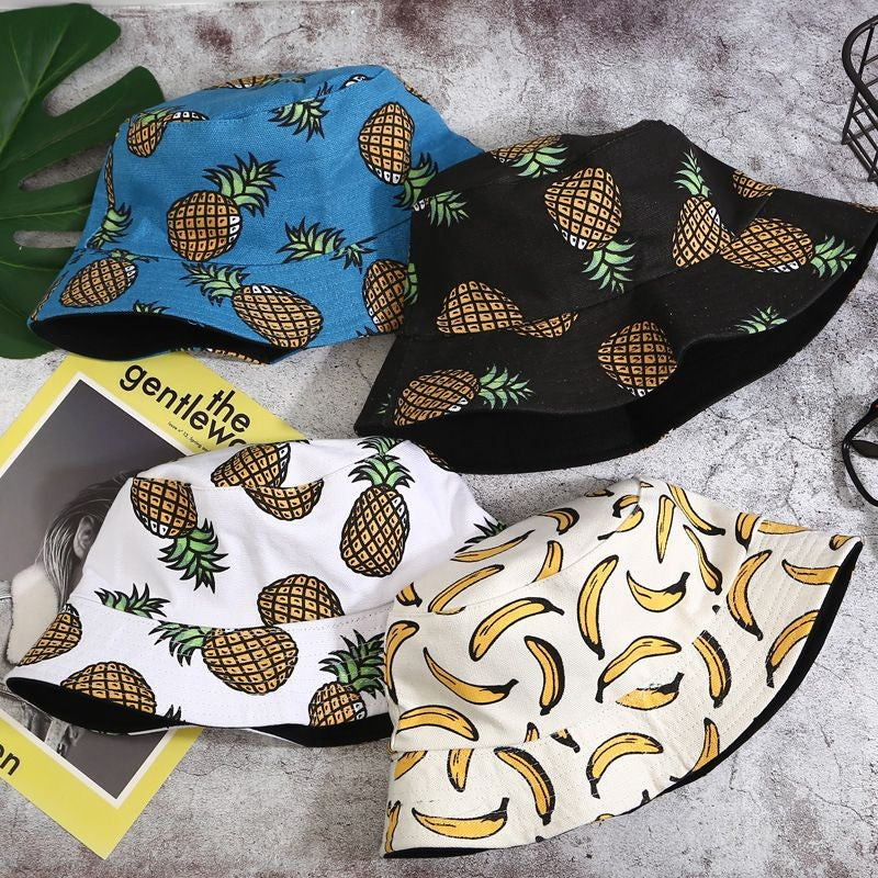 [littlecrab] Topi Bucket Motif Hawai Pisang Nenas 2 Sisi Two Side Fruit Fisherman Hat Unisex High Quality Korean Retro Style