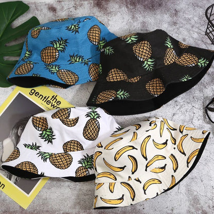 [littlecrab] Topi Bucket Motif Hawai Pisang Nenas 2 Sisi Two Side Fruit Fisherman Hat Unisex High Quality Korean Retro Style