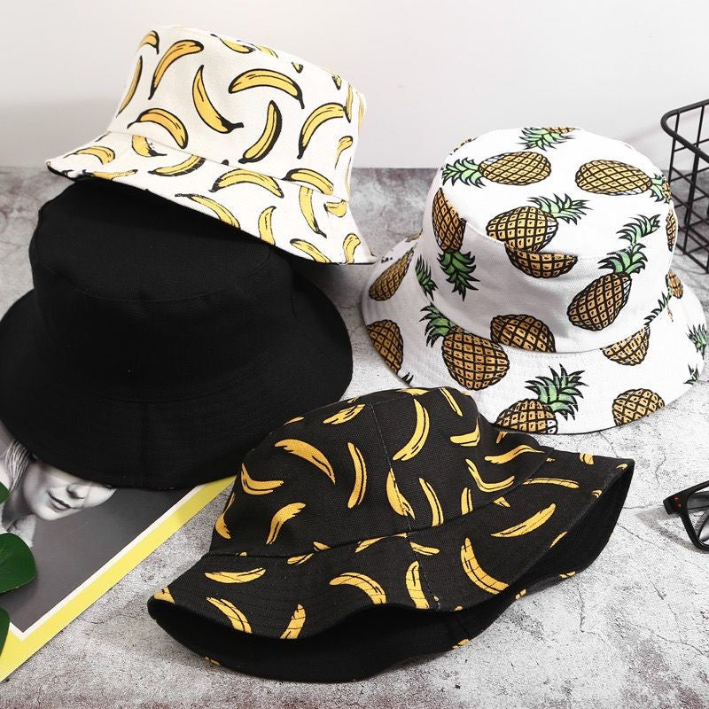 [littlecrab] Topi Bucket Motif Hawai Pisang Nenas 2 Sisi Two Side Fruit Fisherman Hat Unisex High Quality Korean Retro Style