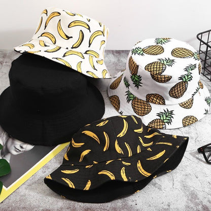 [littlecrab] Topi Bucket Motif Hawai Pisang Nenas 2 Sisi Two Side Fruit Fisherman Hat Unisex High Quality Korean Retro Style