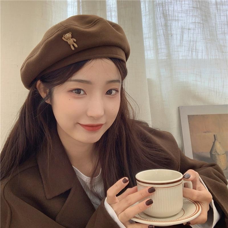 [littlecrab] Topi Baret Korea Seniman Painter Motif Teddy Bear Simple Cute Aesthetic Cap Topi High Quality Bahan Lembut Retro Korean Style
