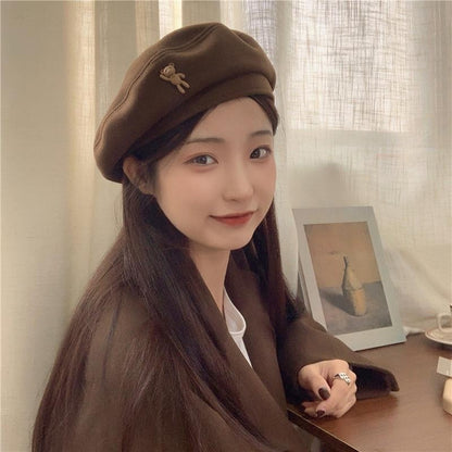 [littlecrab] Topi Baret Korea Seniman Painter Motif Teddy Bear Simple Cute Aesthetic Cap Topi High Quality Bahan Lembut Retro Korean Style
