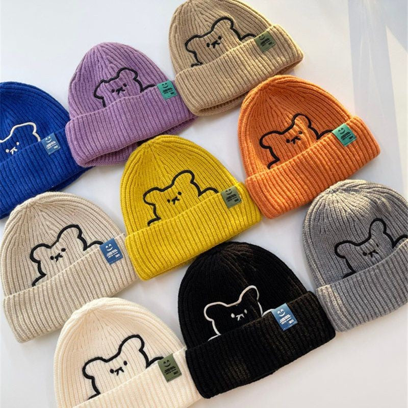 [littlecrab] Topi Knit Kupluk Beanie Hat Rajut Bahan Tebal Colorful Smooth Bahan Halus Lembut High Quality Bordir Motif Bear Lucu Unik Korean Style