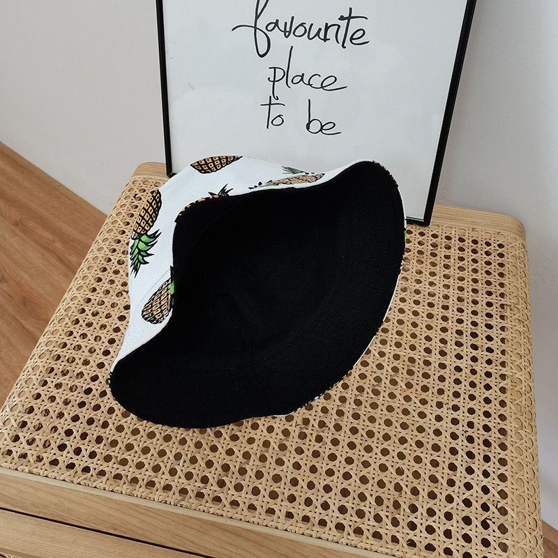 [littlecrab] Topi Bucket Motif Hawai Pisang Nenas 2 Sisi Two Side Fruit Fisherman Hat Unisex High Quality Korean Retro Style