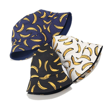 [littlecrab] Topi Bucket Motif Hawai Pisang Nenas 2 Sisi Two Side Fruit Fisherman Hat Unisex High Quality Korean Retro Style