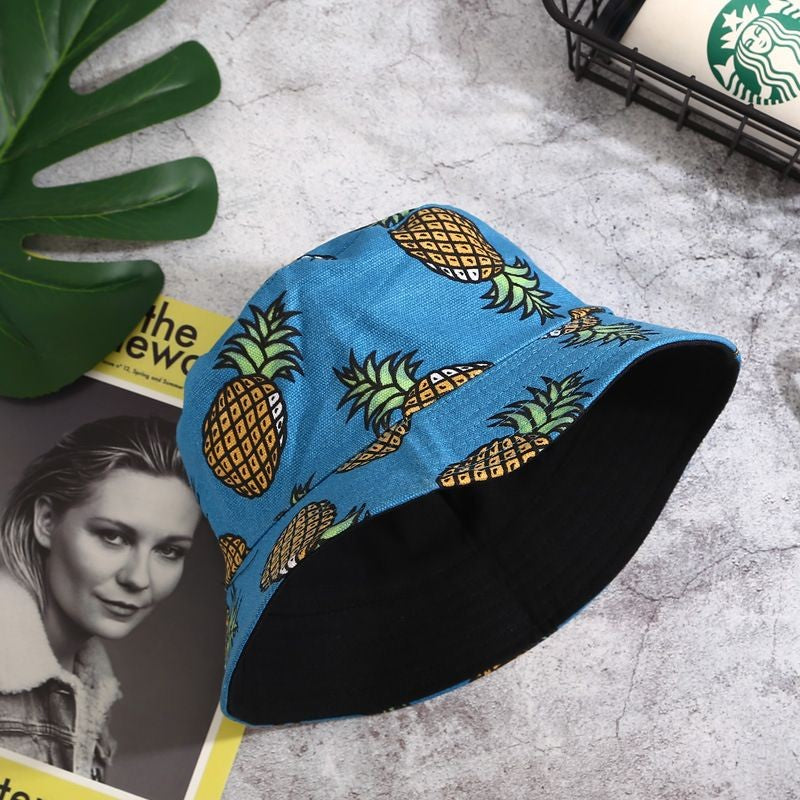 [littlecrab] Topi Bucket Motif Hawai Pisang Nenas 2 Sisi Two Side Fruit Fisherman Hat Unisex High Quality Korean Retro Style