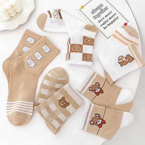 [littlecrab] Kaos Kaki Panjang Teddy Bear Brown Chocolate White Import Sock Beruang Square Coklat Putih High Quality Korean Style