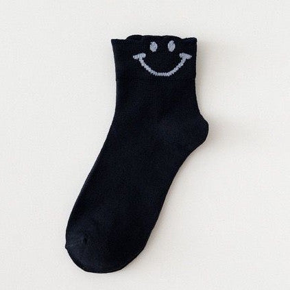[littlecrab] Kaos Kaki Smile Hitam Putih Kuning Senyum Import Sock Smiley Simple Polos Tebal High Quality Korean Style