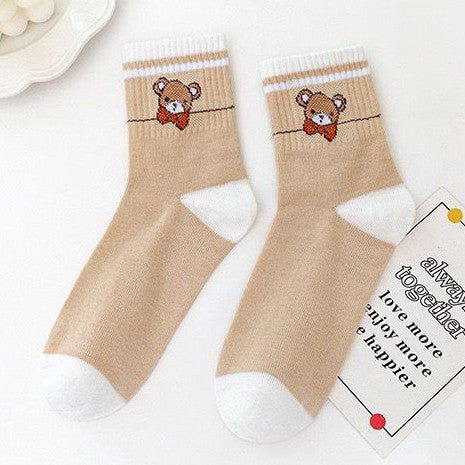 [littlecrab] Kaos Kaki Panjang Teddy Bear Brown Chocolate White Import Sock Beruang Square Coklat Putih High Quality Korean Style