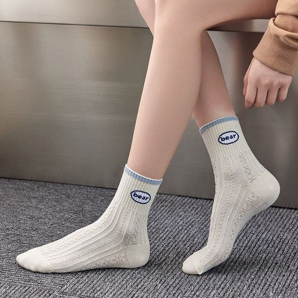 [littlecrab] Kaos Kaki Rajut Biru Base Putih Cream White Knit Blue Love Bear Sun Import Sock High Quality Korean Style